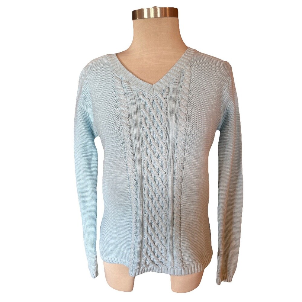 Talbot’s Cable Knit Ocean Blue Sweater Sz 8 Preppy Minimalist Coastal Cotton
